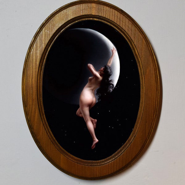 Light Oak Oval Wooden Framed Picture, Luis Ricardo Falero Moon Nymph Art Print, Wall Hanging Home Decor Antique Vintage Style
