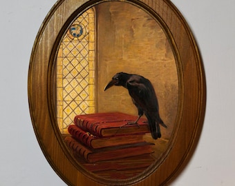 Light Oak Oval Wooden Framed Picture, Briton Riviere Jackdaw of Rheims, Art Print, Wall Hanging Home Decor Antique Vintage Style