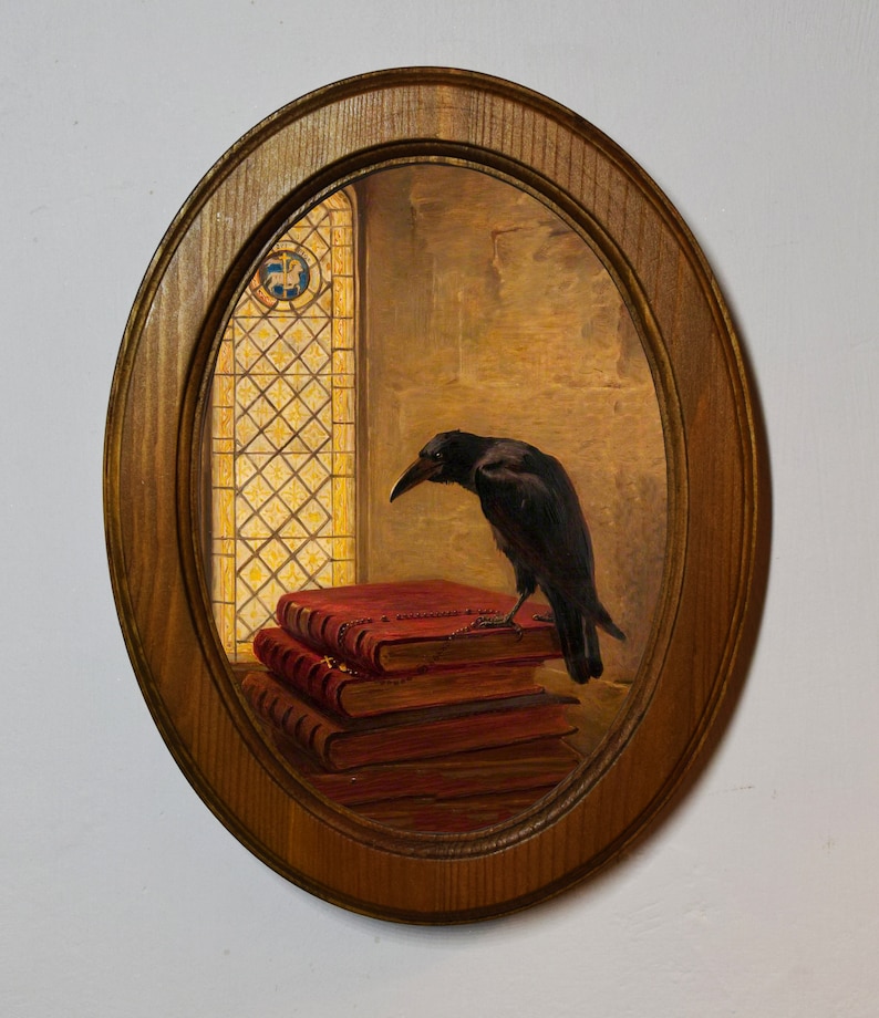 Light Oak Oval Wooden Framed Picture, Briton Riviere Jackdaw of Rheims, Art Print, Wall Hanging Home Decor Antique Vintage Style