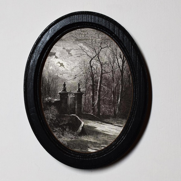 Halloween Black Oval Wooden Framed Picture, 3x4, 4x6, 5x7, Gothic Print, Witchy Wall Hanging, Louis Atol, Spooky Gates .