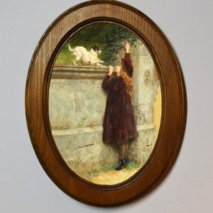 Light Oak Oval Wooden Framed Picture, Briton Rivière, Play Fellows, Art Print, Wall Hanging Home Decor Antique Vintage Style