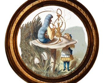 Ilustración enmarcada de Alicia en el País de las Maravillas, cuadro enmarcado en madera de roble claro hecho a mano, Alicia conoce a la oruga.