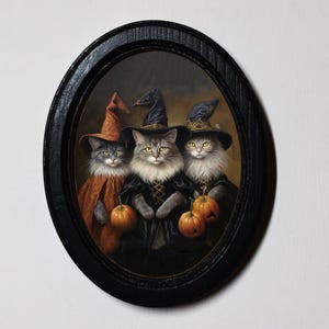 Halloween Black Oval Wooden Framed Picture, 3x4, 3.5x5, 4x6 Inch Gothic Print, Witchy Wall Hanging. The Three Halloween Cats.