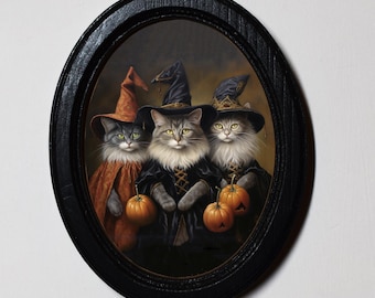May include: Three gray tabby cats dressed in Halloween costumes, each holding a small orange pumpkin. The cats are wearing witch hats and are standing in front of a dark background.