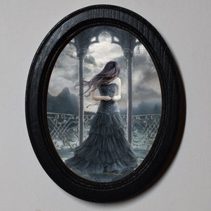 Halloween Black Oval Wooden Framed Picture, Gothic Print, Witchy Wall Hanging, Spooky Girl