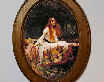 Light Oak Oval Wooden Framed Picture, John William Waterhouse The Lady of Shalott, Art Print, Wall Hanging Antique / Vintage Style