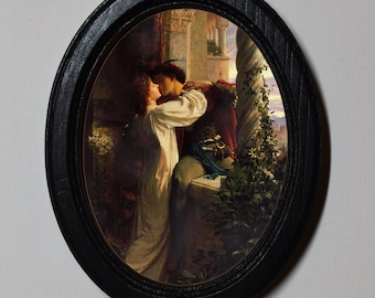 Quadro ovale nero con cornice in legno, Romeo e Giulietta, stampa artistica di Frank Bernard Dicksee, decorazione da parete in stile antico e vintage.