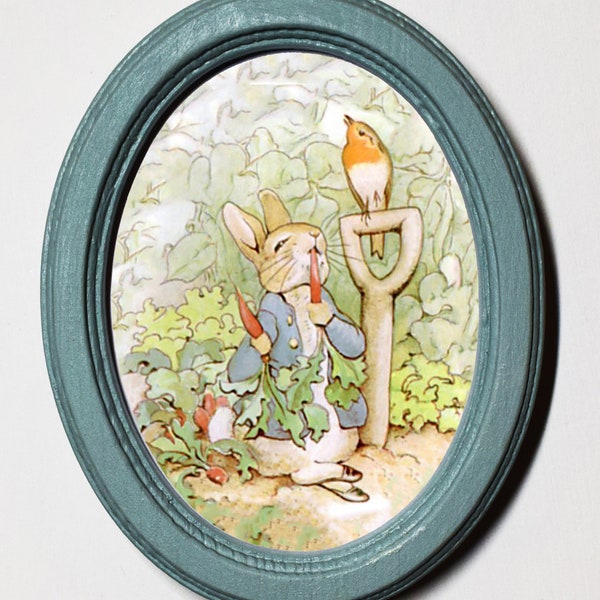 Beatrix Potter Oval Wooden Framed Art Print Nursery Picture Wall Hanging Home Decor Plaque Peter Rabbit Eating Radishes Illustration