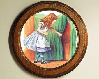 Handmade Alice in Wonderland Round Framed Picture, Art Print Illustration, Light Oak Nursery picture, Wall Hanging, Tiny Door.