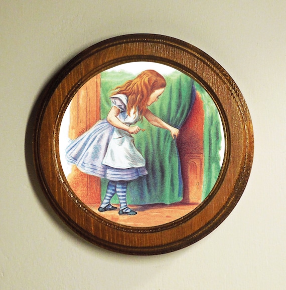 Handmade Alice in Wonderland Round Framed Picture, Art Print Illustration, Light Oak Nursery picture, Wall Hanging, Tiny Door.