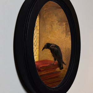 Black Oval Wooden Framed Picture, Briton Riviere Jackdaw of Rheims, Art Print, Wall Hanging Home Decor Antique Vintage Style image 2