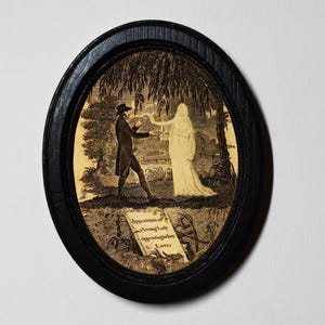 Halloween Black Oval Wooden Framed Picture, 3 x 4 Gothic Print, Witchy Wall Hanging, Ann Lemoine, The Apparition.