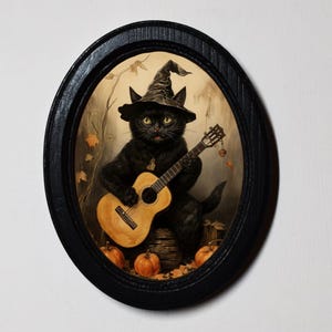 Halloween Black Oval Wooden Framed Picture, 3 x 4 Gothic Print, Witchy Wall Hanging, Black Cat Musician.