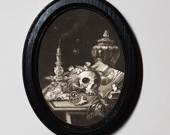 Handmade Gothic Still Life Skull Print, Black Oval Wood Frame (3x4)