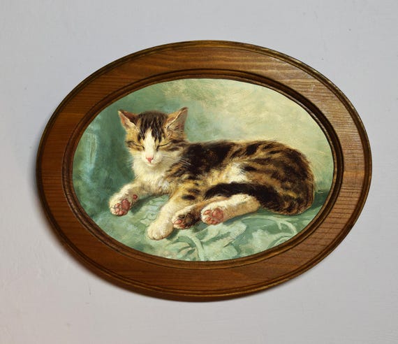 猫 絵画 楕円 フレーム ヴィンテージ 楕円 猫 フレーム Knip、猫