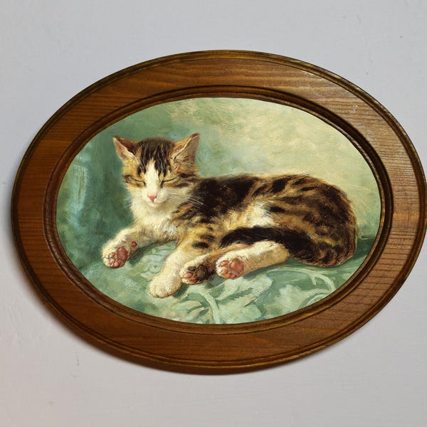 Ingelijste klassieke kunstdruk, Henriëtte Ronner Knip, kattendutje, licht eiken.