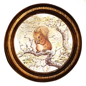 May include: A circular wooden framed print. The illustration depicts a red squirrel on a tree branch, set against a forest backdrop. The squirrel is eating. The frame is a warm brown colour, with a diameter of approximately 15 cm.
