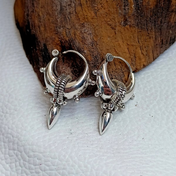 Chunky Silver Hoops, Traditional Earring 925 Sterling Silver, Handmade Vintage Ethnic Style Hoops Earrings, Earring for Women Gift for Her,