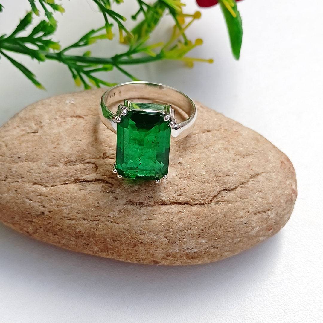 Emerald Lab Grown Ring, 925 Silver Statement Ring, Hydro Emerald Gemstone Ring, Chunky Silver