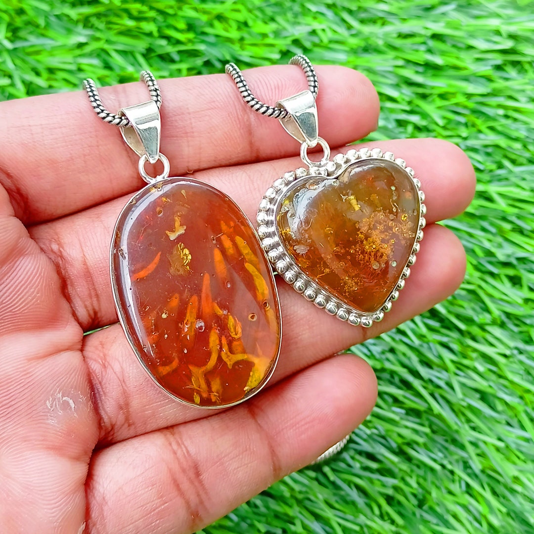 Amber Silver Pendant, Amber Necklace Pendant, 925 Sterling Silver Pendant, Handmade Silver