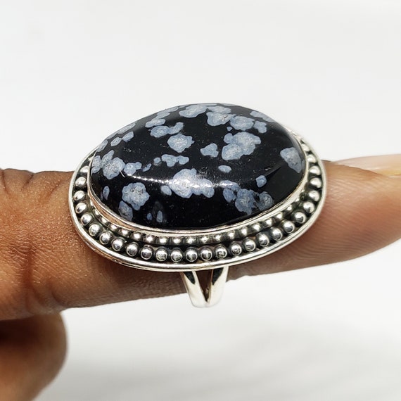 Sterling Silver Rings Snowflake Obsidian Ring Handmade Gemstone