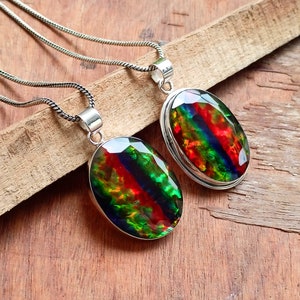 Ammolite Pendant, 925 sterling silver Pendant, Ammolite Lab Grown Pendant, Crystal Pendant Necklace, Gift for Her, Handmade Jewelry