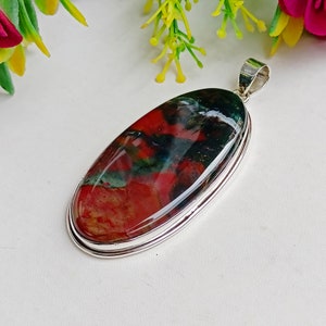 Pendentif En Hématite (Bloodstone) Et Argent 925 - Fait Main - Longueur 5,7 Cm (2.25") - Neuf