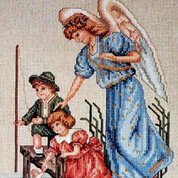 Angel Counted Cross Stitch PDF Pattern, Unisex Child & Guardian Angel Picture, Home Wall Decor, Great for Nursery, DMC/ANC, Digital Download