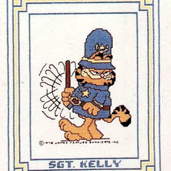 Vtg Garfield on the Job Cross Stitch PDF Pattern, America's Favorite Cat as a Policeman, Detective, Security Guard, Fun Digital Download