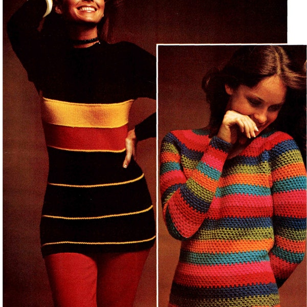 2 Vintage Women PDF Knitting/Crochet Sweater Patterns, 1970s Multicolor Raglan Long Sleeve Tunic Pullover Tops, Digital Download