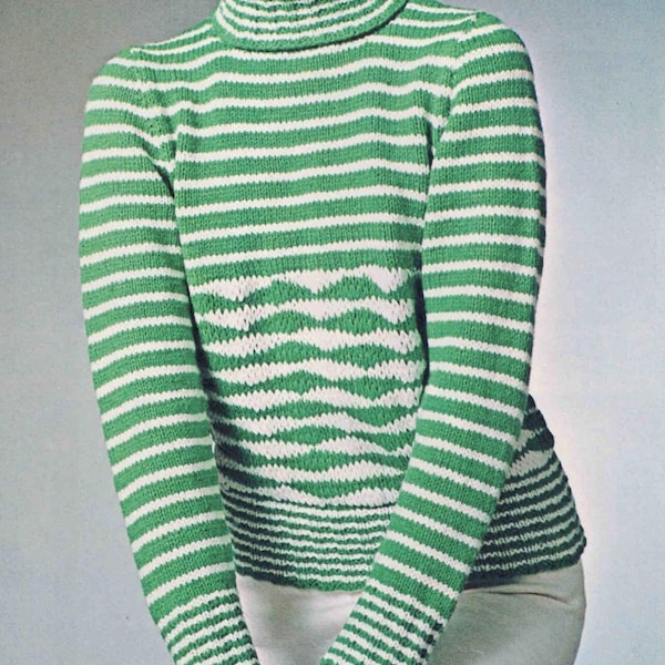 Vintage Women Sweater PDF Knitting Pattern, 1970s Multicolor Stripe Waves Turtleneck Long Sleeve Pullover Top, Digital Download