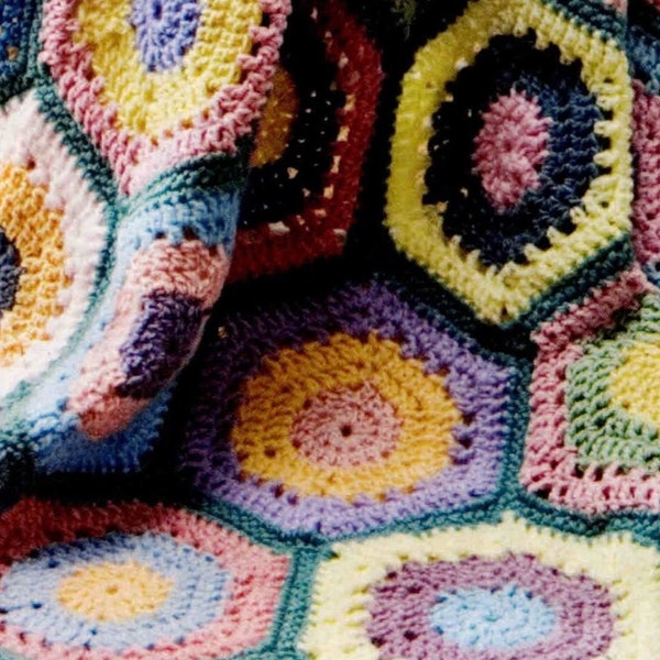 Granny Square Crochet Afghan PDF Pattern, Hexagonal Motif Lap Blanket, Easy to Work On When Traveling, Worsted Scrap Yarn, Digital Download