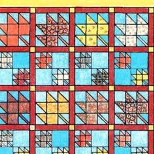 May include: A colourful quilt design featuring a grid of squares. Each square contains a leaf-like pattern in various colours, including red, yellow, and brown, set against a light blue background. The design is framed by red and yellow borders.
