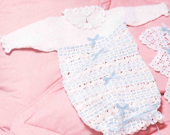 Vintage Baby Layette Crochet PDF Patterns, Matching Blanket & Drawstring Gown Set, Lacy Motifs, Ribbon Inserts, Unisex, Digital Download