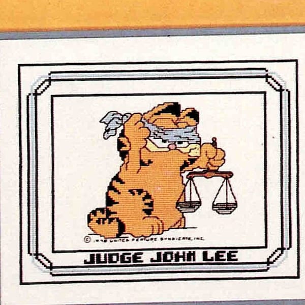 Vtg Garfield on the Job Cross Stitch PDF Pattern, America's Favorite Cat as Lawyer, Judge, Para Legal, Attorney, Fun Digital Download