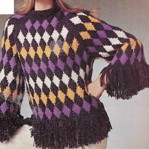 Vtg Women Sweater PDF Knitting Pattern, Multicolor Harlequin Top/Cap w/ Fringe, Raglan Long Sleeve Diamond Pullover Top, Digital Download