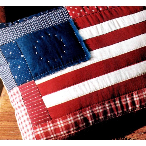 Patriotic Throw Pillow PDF Pattern, Hand Quilted Early American Flag Patchwork, Use Red, White & Blue Scrap Fabric, Instant Digital Download