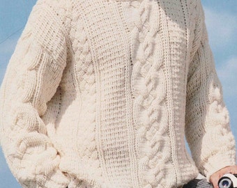 Men&#39;s Aran Cable Knit Sweater Crochet Pattern: Vintage 1980s Style (PDF Digital Download)