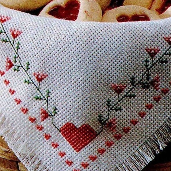 2 Kitchen & Dining Cross Stitch PDF Patterns, Quick, Easy Hearts or Floral Bread Basket Cover, Fingertip Towel Design, Digital Download