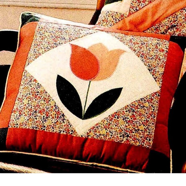 Quilted Lap Throw & Pillow PDF Pattern, Floral Tulip Applique Blanket and Pillow Set, Wall Hanging, Instant Digital Download