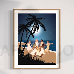 May include: A group of women in white dresses dance around a bonfire on a beach at night. The beach is lit by a full moon and palm trees are silhouetted against the night sky.