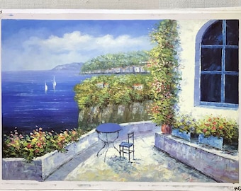 May include: A painting of a balcony overlooking a blue ocean with a small table and chair. The balcony has a white railing and is decorated with flowers. The ocean is a deep blue and there are sailboats in the distance. The painting is done in a realistic style and has a warm, inviting feel.