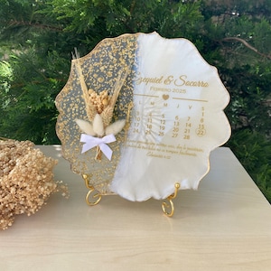 Wedding table sign, Wedding favors, Welcome sign, Resin ring tray, Anniversary gift, Personalized party favor Engagement plate with calendar