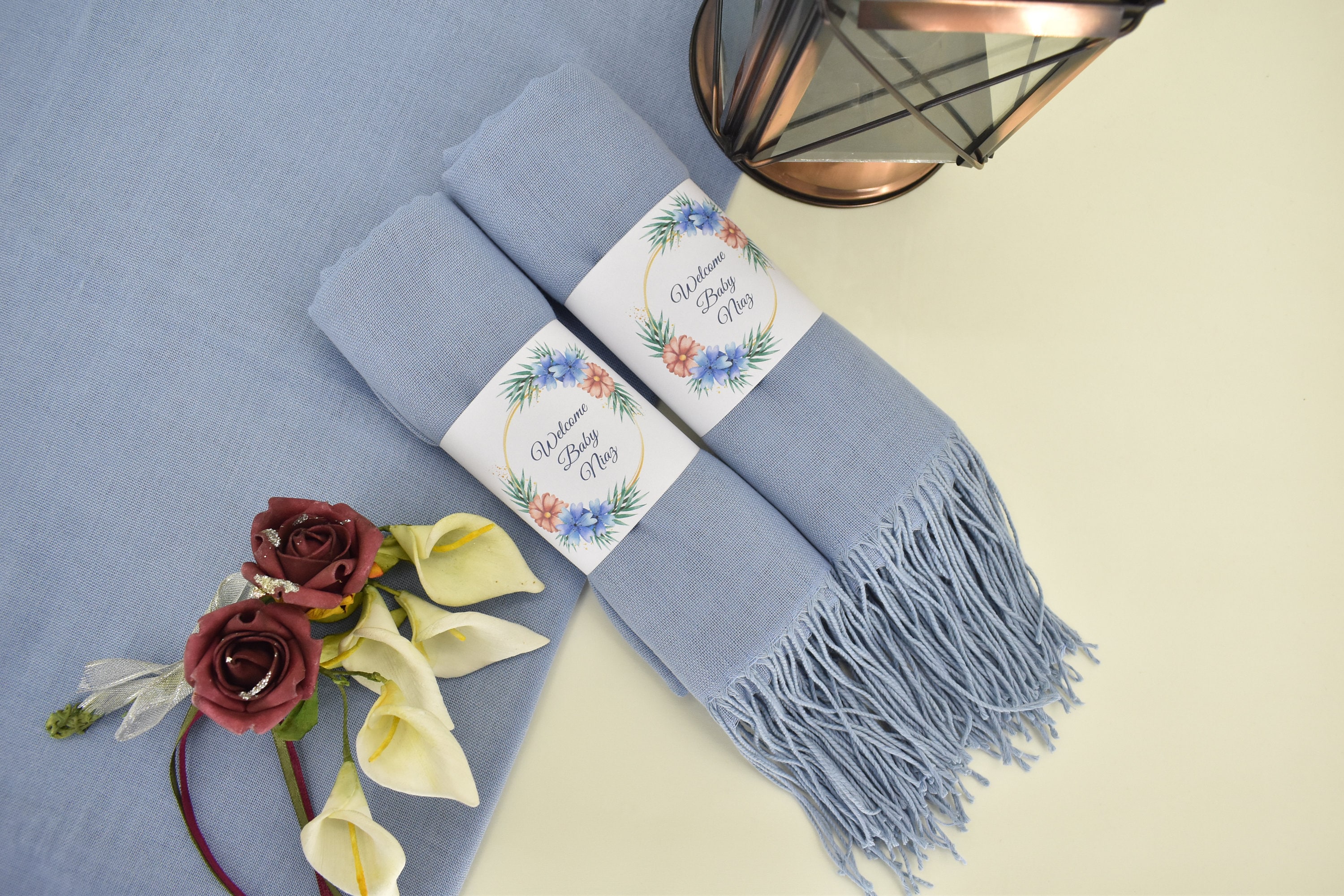 Foulard Pashmina En Mélange Cachemire-coton – Motif Fleurs Bleues, Grand Format – Neuf Sans étiquette