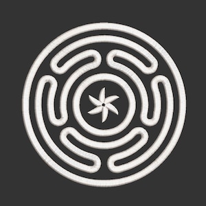 May include: A white circular design with a five-pointed star in the center and four concentric circles around it.