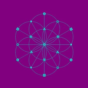 May include: A blue geometric design with a circle, squares, triangles, and stars on a purple background.
