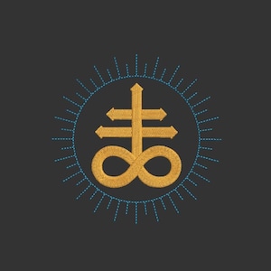May include: A gold-colored symbol with a cross and an infinity symbol, surrounded by a blue circle with radiating lines.