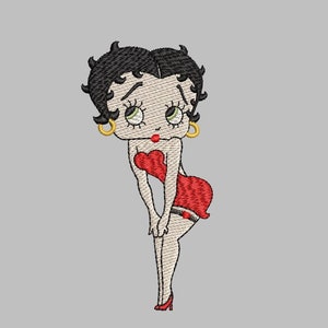 May include: A cartoon illustration of a woman with black hair, wearing a red dress and gold earrings. She is standing with her legs crossed and her arms at her sides.