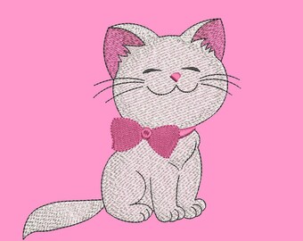 May include: A white cat with pink ears and a pink bow tie is sitting on a pink background. The cat has a happy expression on its face.