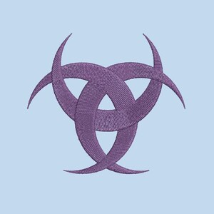 May include: An embroidered design featuring three interlocking crescent moons in purple.